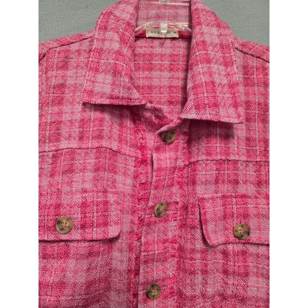 ANDTHEWHY Pink Plaid Tweed Shacket Frayed Hem Oversized Button Down Jacket M